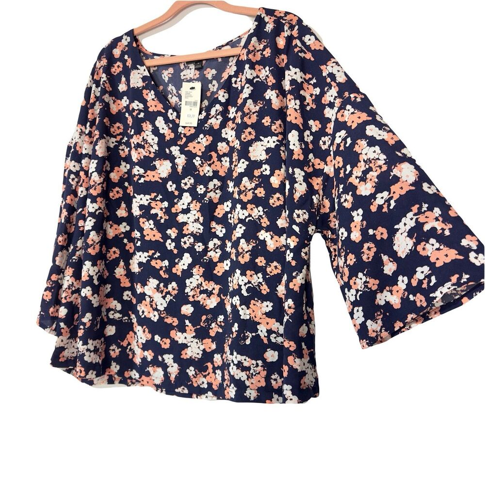 Lane Bryant Navy Floral Blouse Boxy Top Size 18 V-Neck Boho NWT